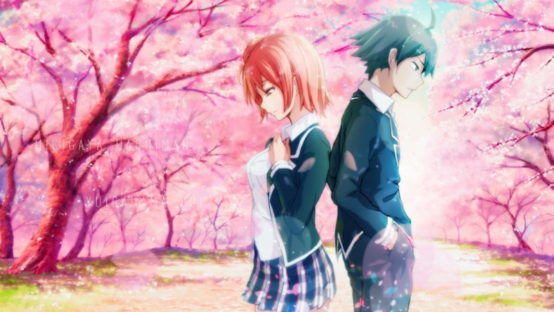 1080P, Anime, oregairu, hikigaya hachiman, sakura tree, yuigahama yui, school uniform