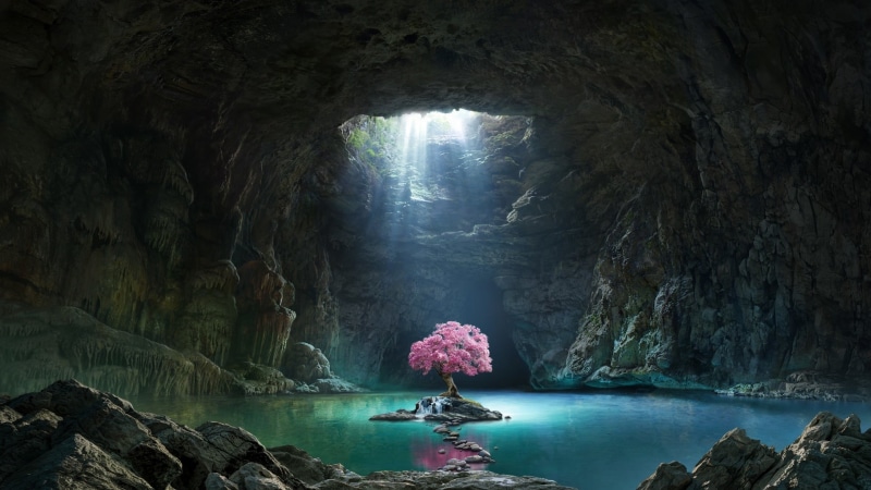 landscape, reflection, pink, cave, 1080P, stones, blossom, sun rays, trees, sakura (tree), cherry blossom, rock, nature, water, island, lake, photo manipulation