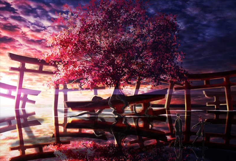 freshness, beauty in nature, chair, Temple, flowering plant, architecture, outdoors, plant, pink color, no people, growth, empty, Anime, bench, Tree, built structure