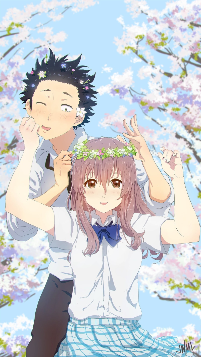 Nishimiya Shouko, 2K, Koe no Katachi., brown eyes, digital art, 2D, flower crown, fan art, embarrassed, vertical, anime boys, Ishida Shōya, brunette, black hair