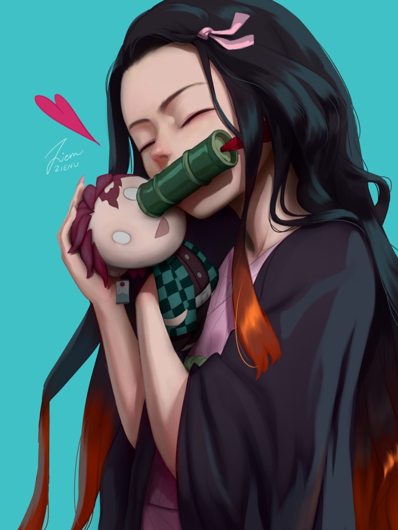 1080P, black hair, fan art, Kamado Tanjirō, 2D, Kimetsu no Yaiba, vertical, heart, bamboo, simple background, long hair, Japanese kimono, multi-colored hair