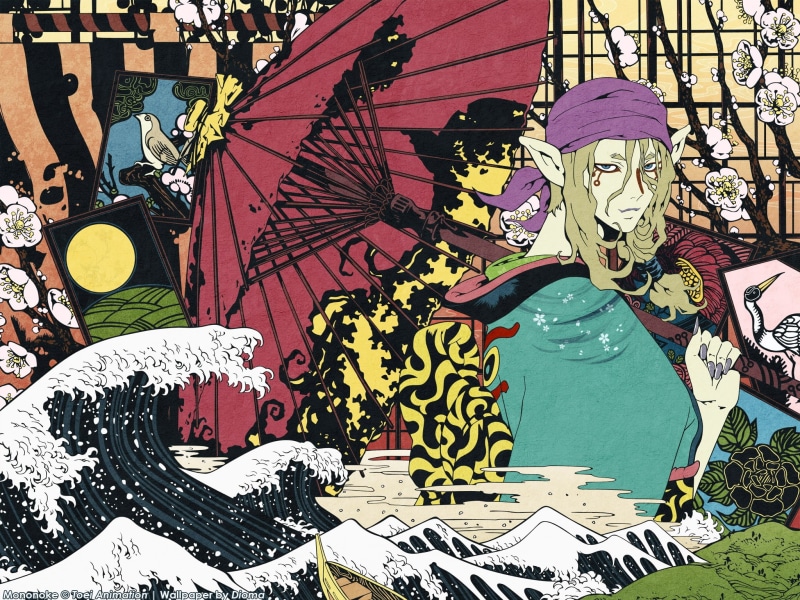 mononoke, umbrellas, art, great, artwork, kanagawa, umbrella, anime, 1080P, hd, wave, the great wave off kanagawa, roses