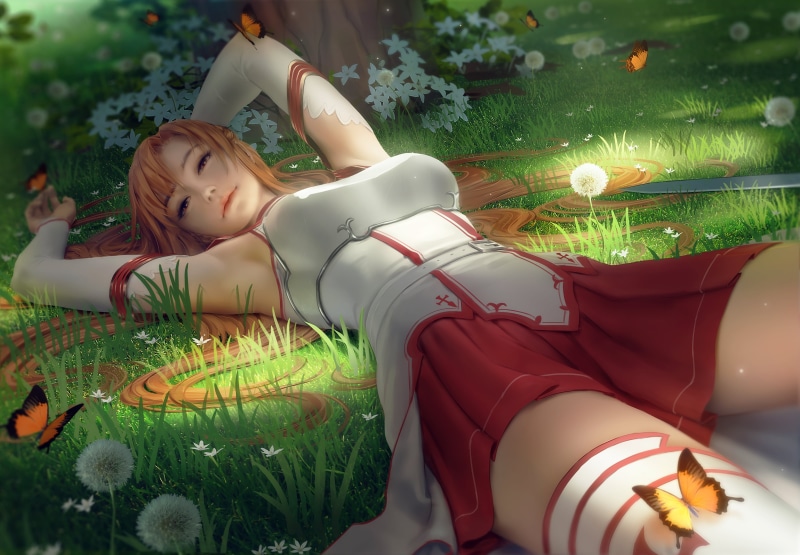 fan art, Yuuki Asuna, redhead, Sword Art Online, arm warmers, thigh-highs, dress, looking at viewer, grass, butterfly, long hair, anime girls, artwork