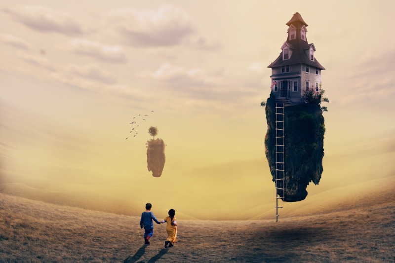 rear view, field, Photoshop, built structure, house, long, grass, life, digital art, Adobe, birds, land, cloud - sky, Sun, childhood, men, walking, trees
