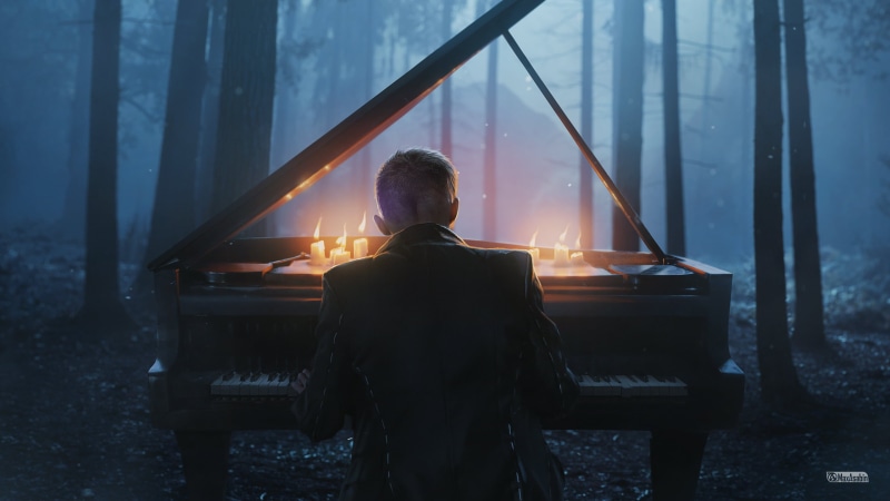 trees, retouching, dark, lights, 2K, photo manipulation, fantasy art, piano, digital art, Photoshop, nature, digital, outdoors, artwork, forest, men, photography