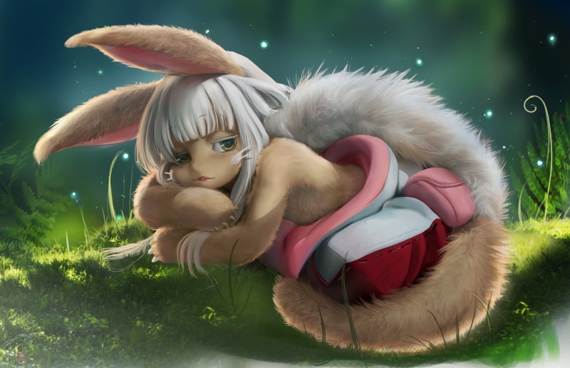 illustration, 2K, Nanachi (Made in Abyss), fantasy girl, grass, artwork, lying on front, drawing, Sakimichan, white hair, bunny ears, fan art, depth of field