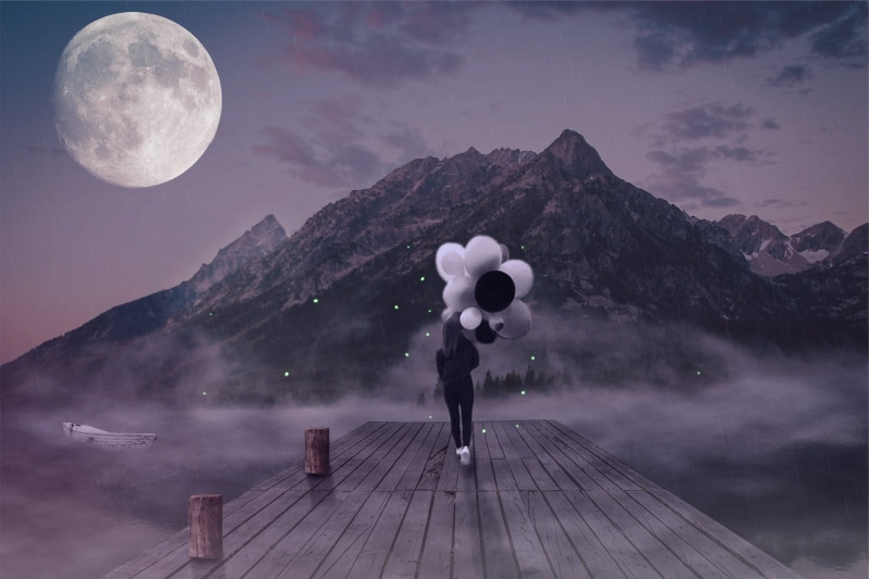 evening, tranquility, cloud - sky, moon, mountain, fog, space, shadow, digital composite, web, tranquil scene, outdoors, photoshop, background, ballons