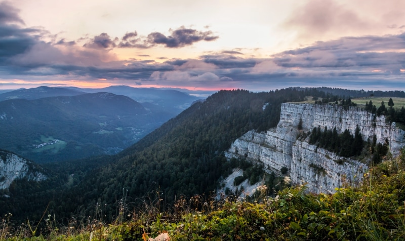 cloud - sky, near, mountain, jura, mystical, colored the horizon, rock boiler, silent, fog, plant, structure, romantic, postcard, pine woodland, sun, tranquility