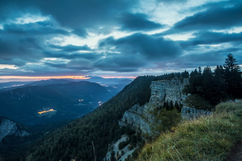 postcard, vision, long exposure, wide view, rock wall, new beginning, jura, grass, tree, silent, morning, blue clouds, lonely, blue, mountain range, fir forest
