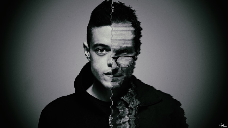 monochrome, Photoshop, 4K, Mr. Robot, fan art, glitch art, Elliot (Mr. Robot), digital art