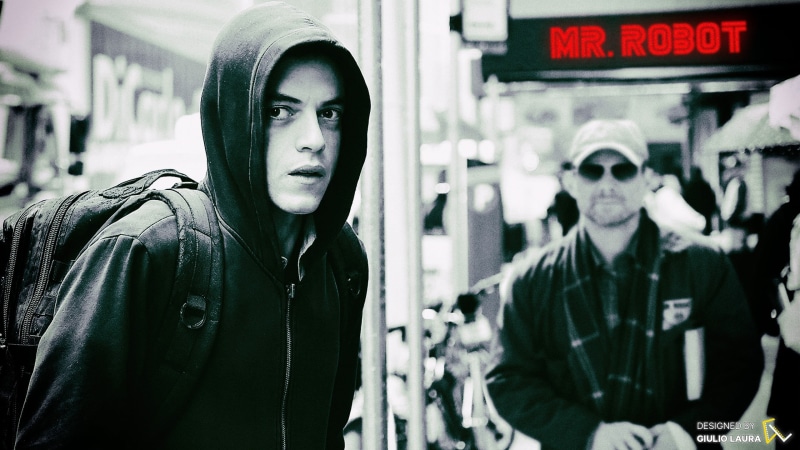 people, standing, warm clothing, 2K, photo, focus on foreground, grayscale, casual clothing, young men, Mr. Robot, men, architecture, real people, TV
