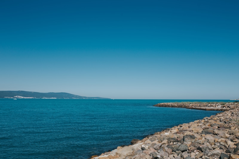 europe, tranquility, ocean, waterscape, tranquil scene, landscape, scenics - nature, sky, non-urban scene, land, Sunny Beach, clear sky, beach, mediterranean Sea
