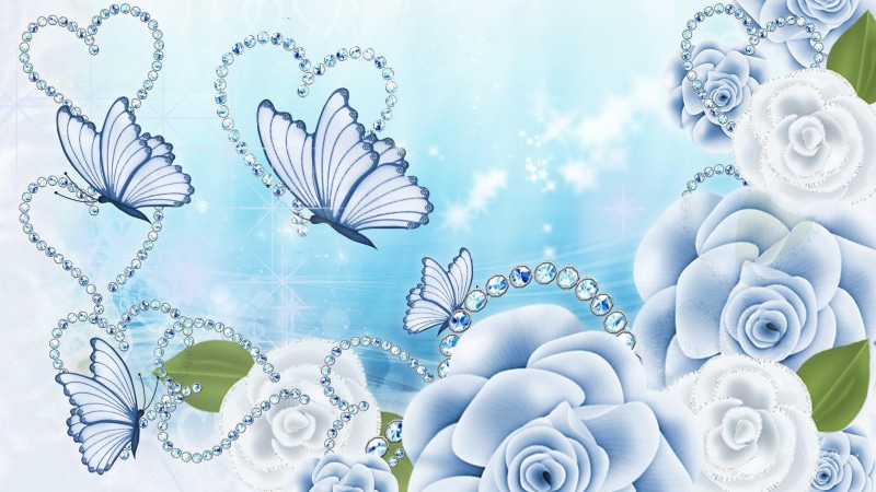 rose, summer, butterflies, blue, 3d and abstract, sparkles, valentines day, jewels, heart, flowers, roses, valentine, 1080P