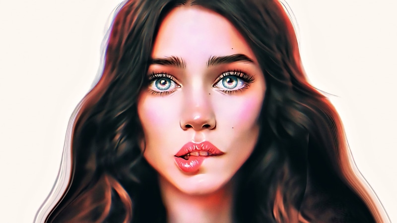realistic, Photoshop, red lipstick, frontal view, blue eyes, artwork, fan art, fantasy girl, people, science fiction, portrait, painting, hair in face