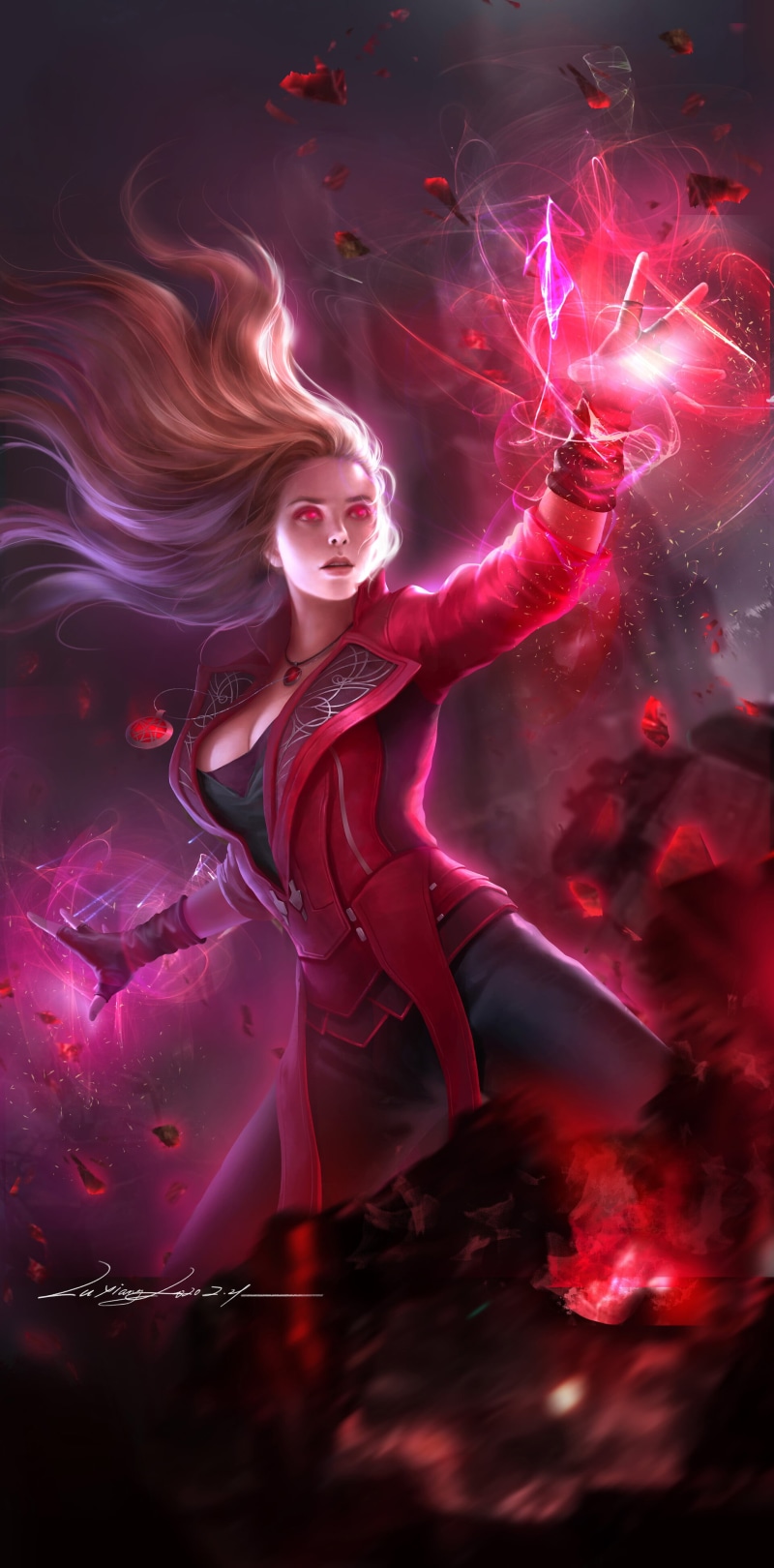 Scarlet Witch, fan art, red eyes, Marvel Comics, digital art, Marvel Girl, Wanda maximoff, glowing eyes, 4K