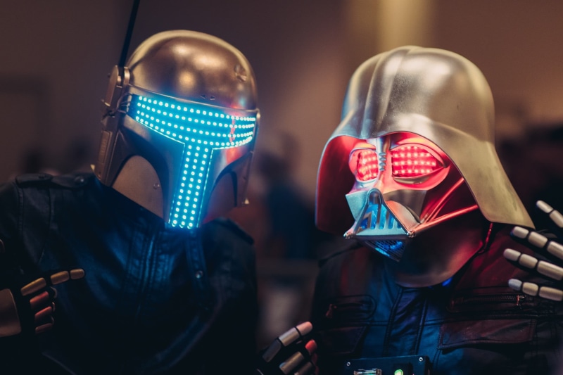 women, retail, Darth Vader, men, Star Wars, store, mask - disguise, two people, portrait, vader, red, mask, indoors, representation, illustration, human representation
