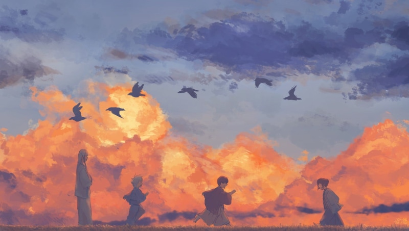 nature, vertebrate, animals in the wild, people, Katsura Kotarou, men, sunset, birds, Sakata Gintoki, lifestyles, 720P, orange color, Takasugi Shinsuke