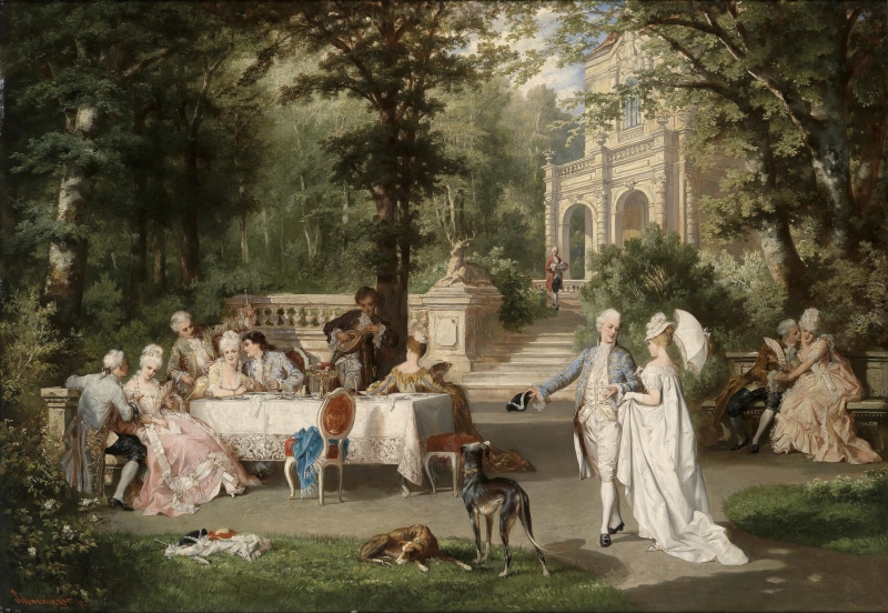 adult, art, history, picture, crowd, death, the Cavaliers, greyhounds, architecture, Austria, females, Vienna, garden, Palace, building, Carl Schweninger Jr.