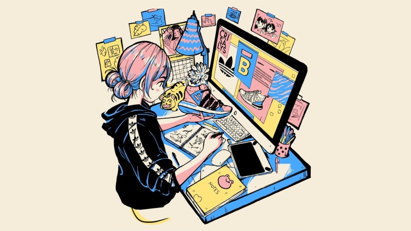 manga, Photoshop, indoors, 1080P, computer network, no people, designer, Adidas, computer, anime, communication, technology,  sneakers, portable information device