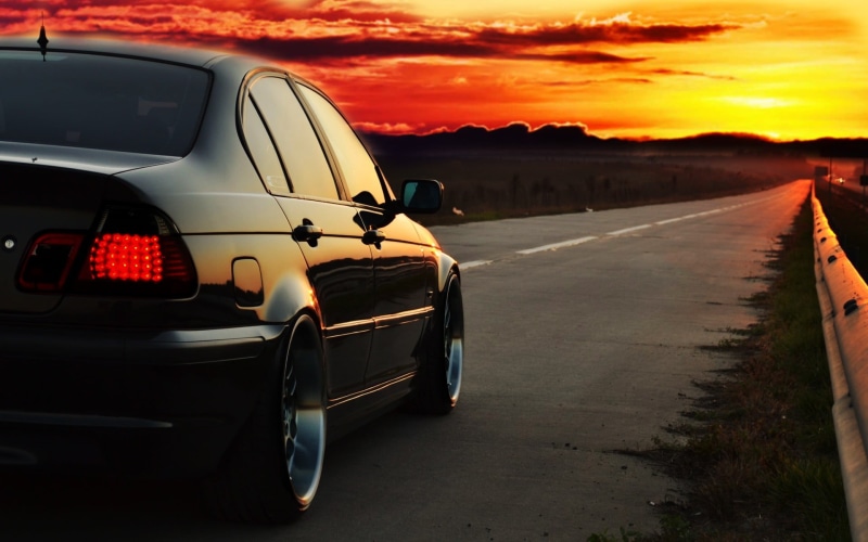 sky, the way forward, transportation, cloud - sky, street, nature, road, BMW E46, black, mode of transportation, car, Photoshop, no people, sunset, land vehicle