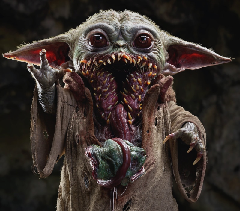 The Mandalorian, digital art, horror, Baby Yoda, Yoda, dark humor, creature, humor, 720P, Star Wars Humor, artwork