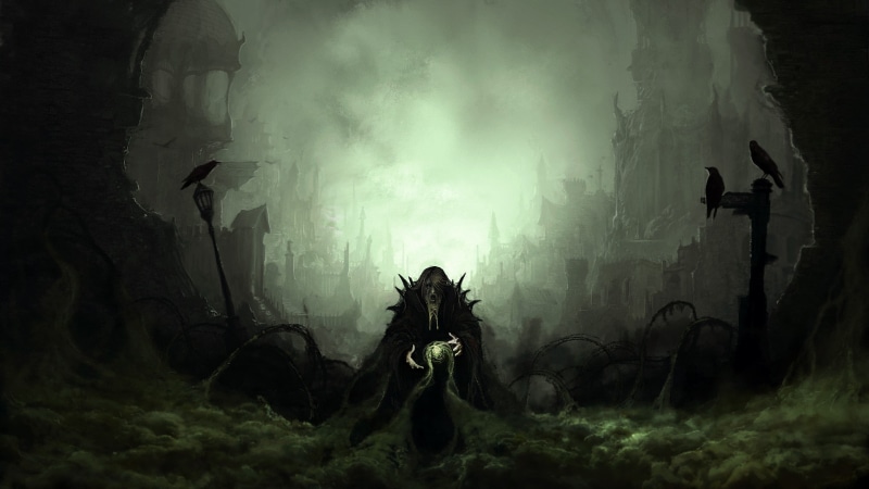 spooky, ruin, bricks, beards, mist, necromancers, artwork, raven, fantasy art, wizard, witch, digital art, old people, dark fantasy, dark, 1080P