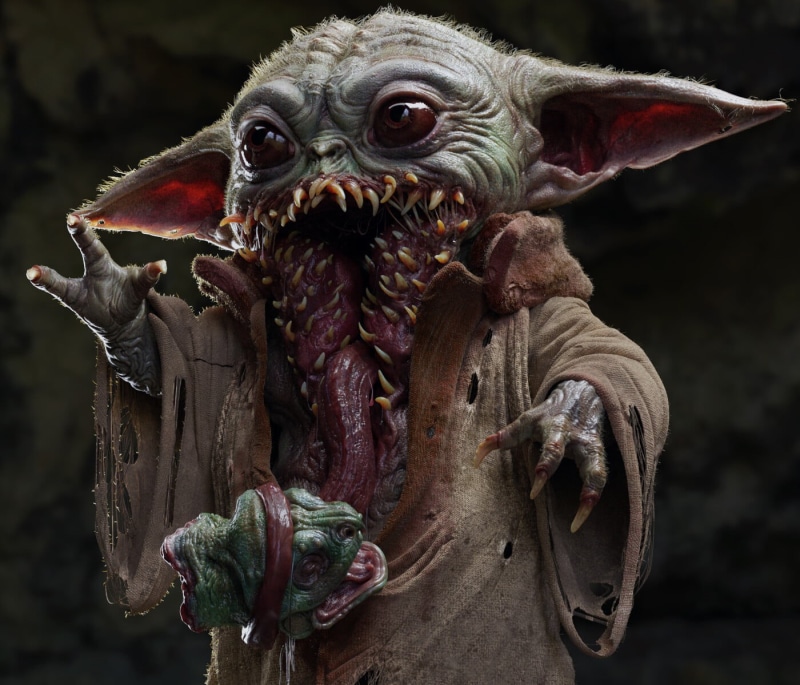 digital art, The Mandalorian, artwork, 720P, Baby Yoda, horror, creature, humor, Star Wars Humor, Yoda, dark humor