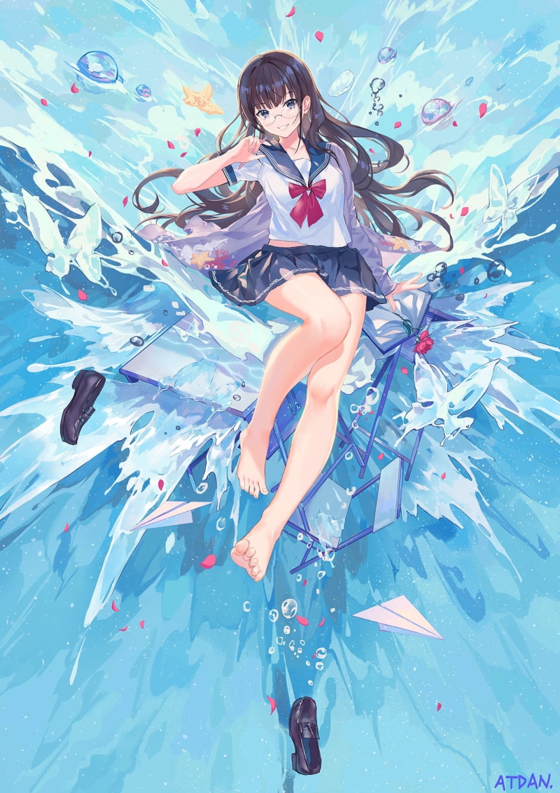 anime, paper planes, original characters, dark hair, waves, Atdan, legs, drawing, long hair, water, sailor uniform, 720P, 2D, digital art, barefoot, women