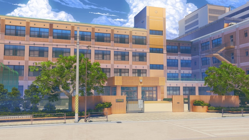 visual novel, anime, Background Art, ArseniXC, building, RocknRoll, landscape, 1080P, clouds, Money, sky, school, artwork, digital art, Love