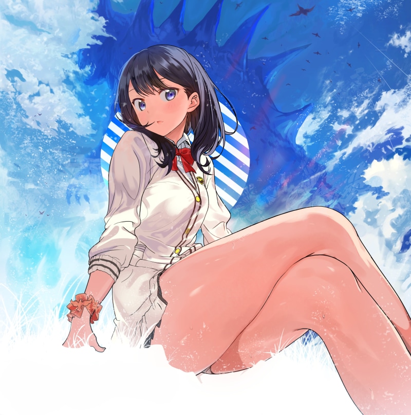 digital art, artwork, kaiju, school uniform, dark hair, schoolgirl, legs crossed, drawing, 2K, clouds, looking at viewer, birds, blushing, anime, white