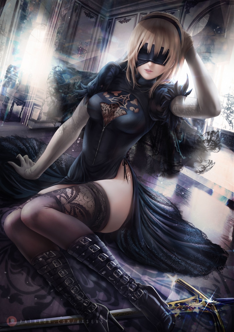 digital art, video game characters, Nier: Automata, 4K, fan art, 2B (Nier: Automata), axsens, short hair, thigh-highs, artwork, illustration, video games