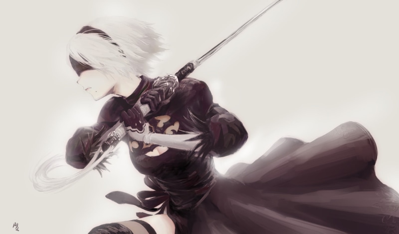 Nier: Automata, one person, real people, hairstyle, holding, three quarter length, weapon, NieR, waist up, indoors, females, illustration, automata, 720P