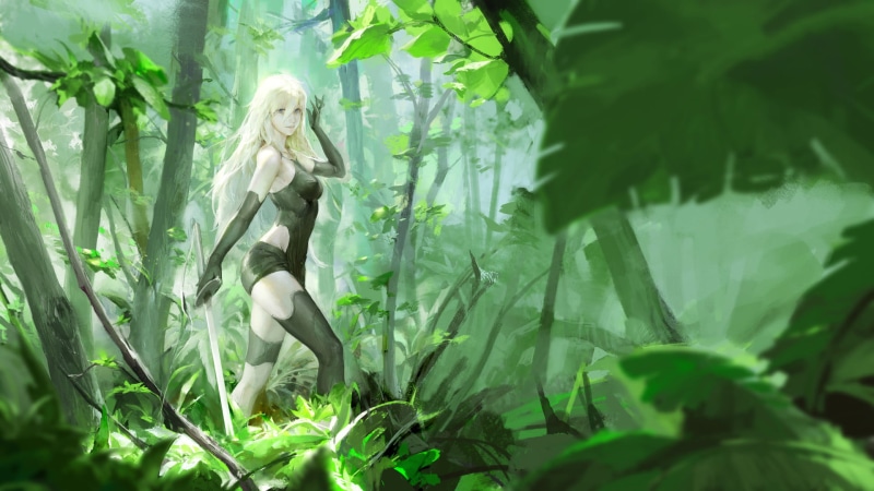 1080P, fantasy art, forest, digital art, artwork, katana, A2 (Nier: Automata), women, video games, Nier: Automata