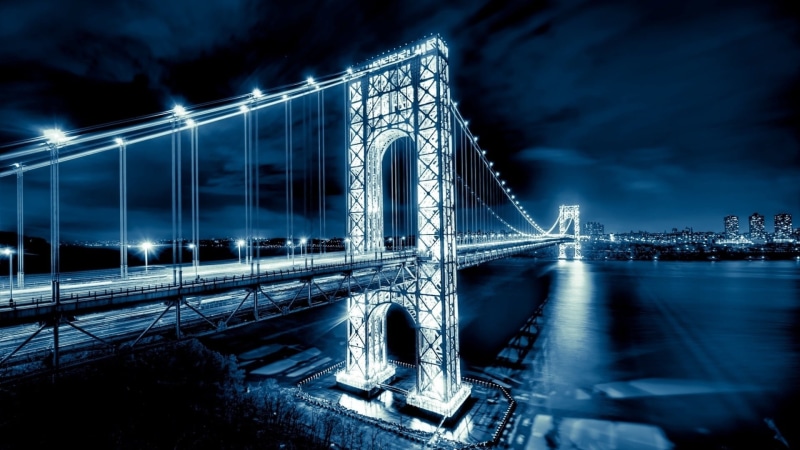 George Washington Bridge, night, bridge - man made structure, no people, illuminated, long exposure, New York City, transportation, cloud - sky, built structure