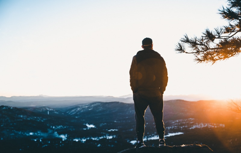 sunrise, male, mountain, rear view, looking at view, overview, guy, cliff, hiking, back Lit, lifestyles, silhouette, full length, men, mountain peak, standing