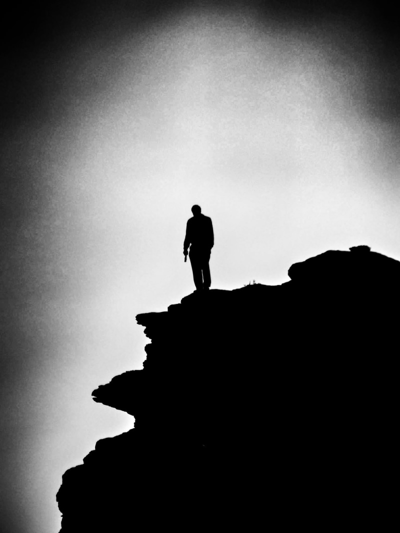 lonely, rock formation, rock - Object, solo, 1080P, hiking, person, black and white, man, drama, depressed, adventure, photo, lifestyles, nature, day