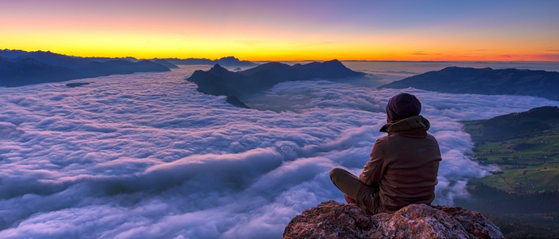 tourist, mountain, peak, Autumn, speechless, seating, landscape, adventure, blue hour, Sea of fog, sunset, man, outdoors, 4K, mountain Peak, journey, nature