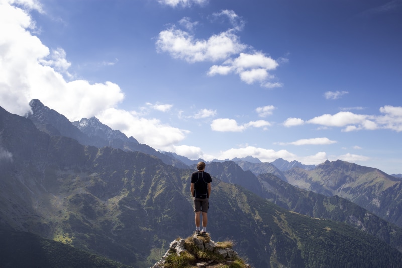 freedom, standing, mountain peak, hill, 4K, summer, hiking, peaks, sky, cliff, mountain, leisure activity, adventure, person, activity, guy, travel, scenics - nature