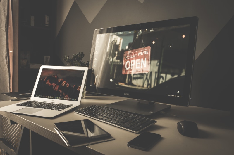 computer monitor, contemporary, electronics, desk, technology, workplace, desktop, office, connection, organized, silver, portable information device, indoors