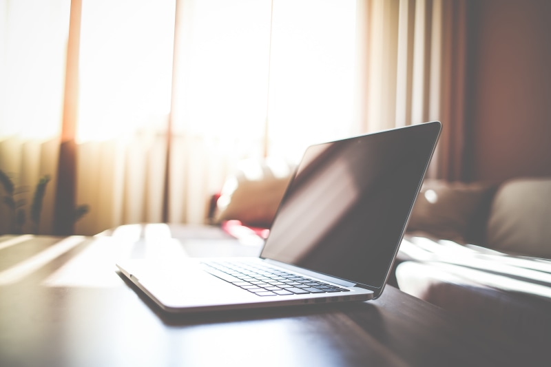 selective focus, laptop, room, internet, thin, furniture, computer, indoors, domestic Room, 4K, Living Room, window, modern, home Interior, bed, no People