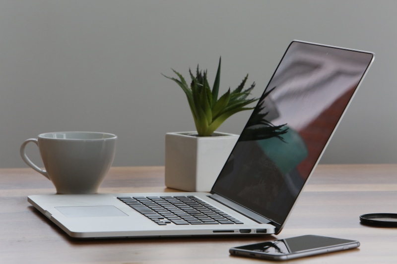 indoors, cup, plant, refreshment, pen, silver, office, internet, macbook, computer, beside, 4K, pro, studio shot, potted plant, mobile, iphone, keyboard