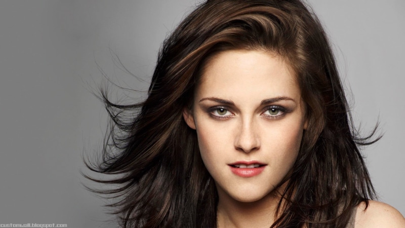 fashion, gray background, face, long hair, Kristen Stewart, brunette, hair, beautiful woman, looking at viewer, stewart, front view, studio shot, headshot