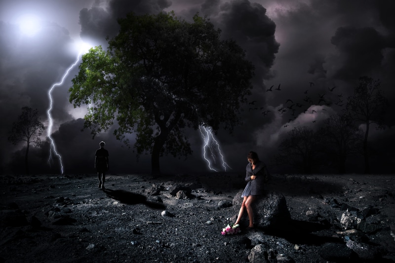 men, smoke - physical structure, beauty in nature, standing, lightning, real people, outdoors, emotional, land, woman, cloud - sky, lifestyles, man, relationship