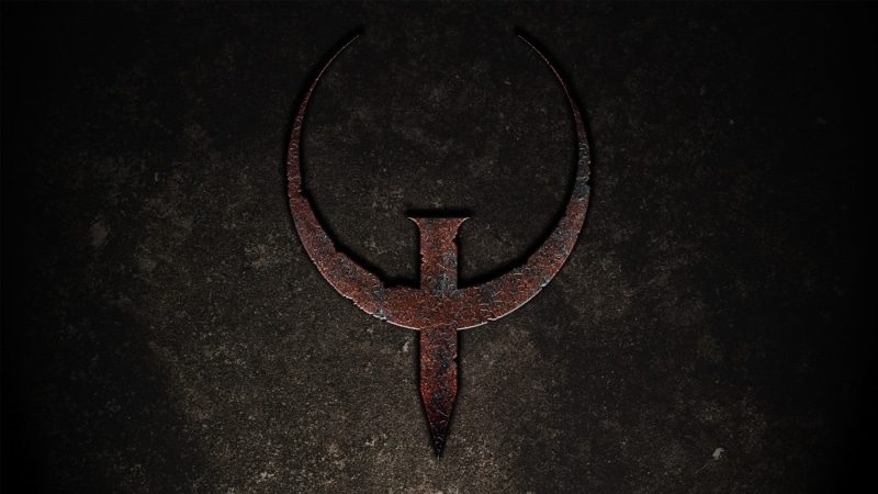 video games, logo, 1080P, indoors, metal, close-up, no people, black color, geometric shape, work tool, first-person shooter, communication, Quake, directly above