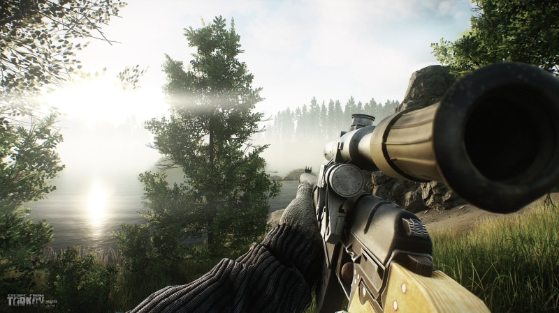 sky, technology, one person, person, holding, close-up, video games, Tactical Game, portrait, tree, War Game, sniper rifle, Escape from Tarkov, leisure activity
