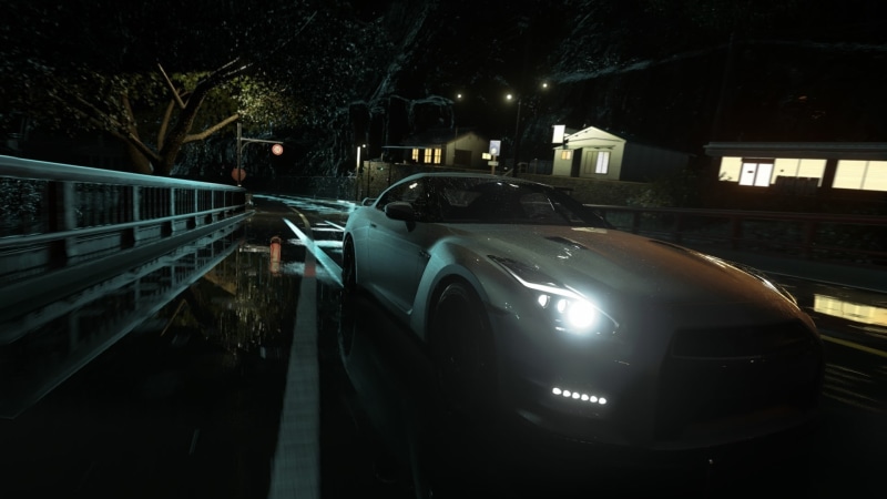reflection, no people, street, outdoors, tree, transportation, motor vehicle, driveclub nissan skyline gt r r35 japan rain road lights night video games