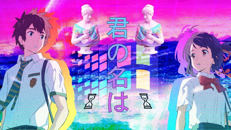 Tachibana Taki, vaporwave, digital composite, waist up, Miyamizu Mitsuha, child, technology, teenager, communication, Kimi no Na Wa, men, data, Your Name