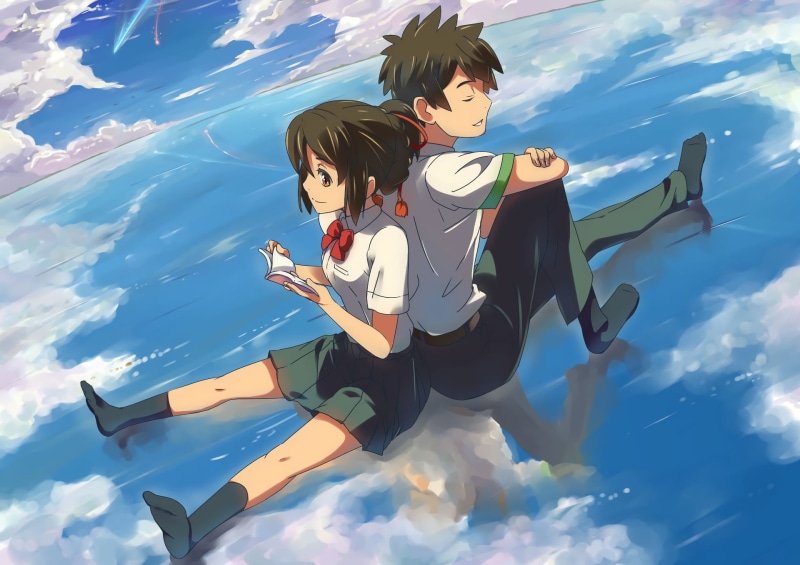 leisure activity, females, Tachibana Taki, positive emotion, Miyamizu Mitsuha, males, men, two people, sky, lifestyles, full length, bonding, women, swimming pool