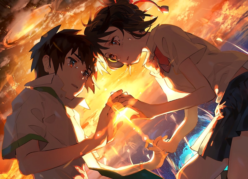 sunset, taki tachibana, sunlight, two people, couple, outdoors, fire, togetherness, kimi no na wa, mitsuha miyamizu, real people, fire - natural phenomenon