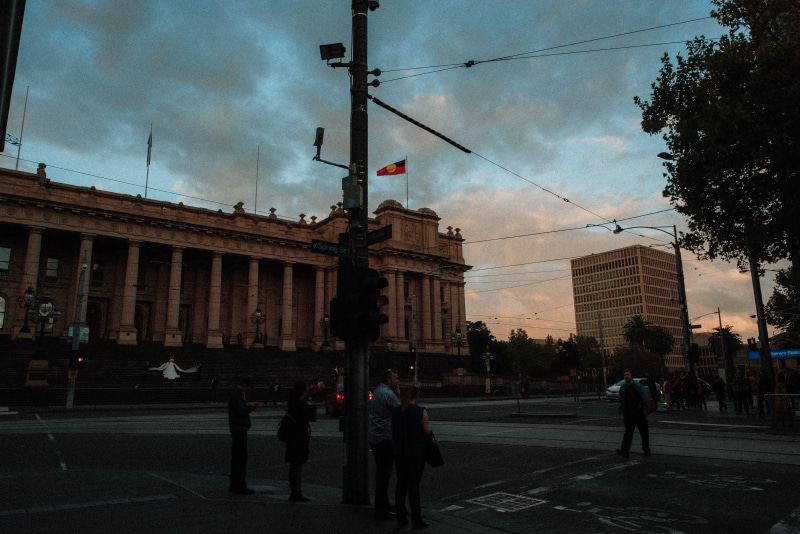 building exterior, city street, sky, building, 5K, road marking, reto, city, aesthetics, melbourne, transportation, symbol, parliament, vintag, vintage